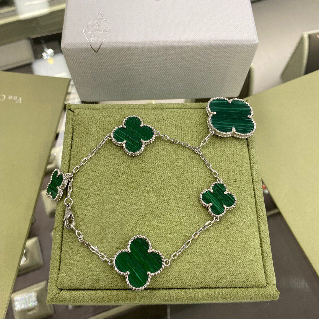 VCA CLOVER 5 MOTIFS SIVLER MALACHITE BRACELET