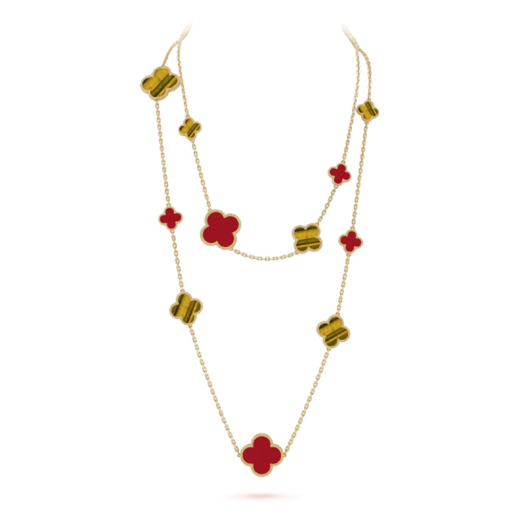 VCA CLOVER 16 MOTIF CARNELIAN TIGER EYE ROSE GOLD NECKLACE