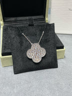 VCA CLOVER 25MM LARGE PENDANT DIAMOND PAVED SILVER NECKLACE