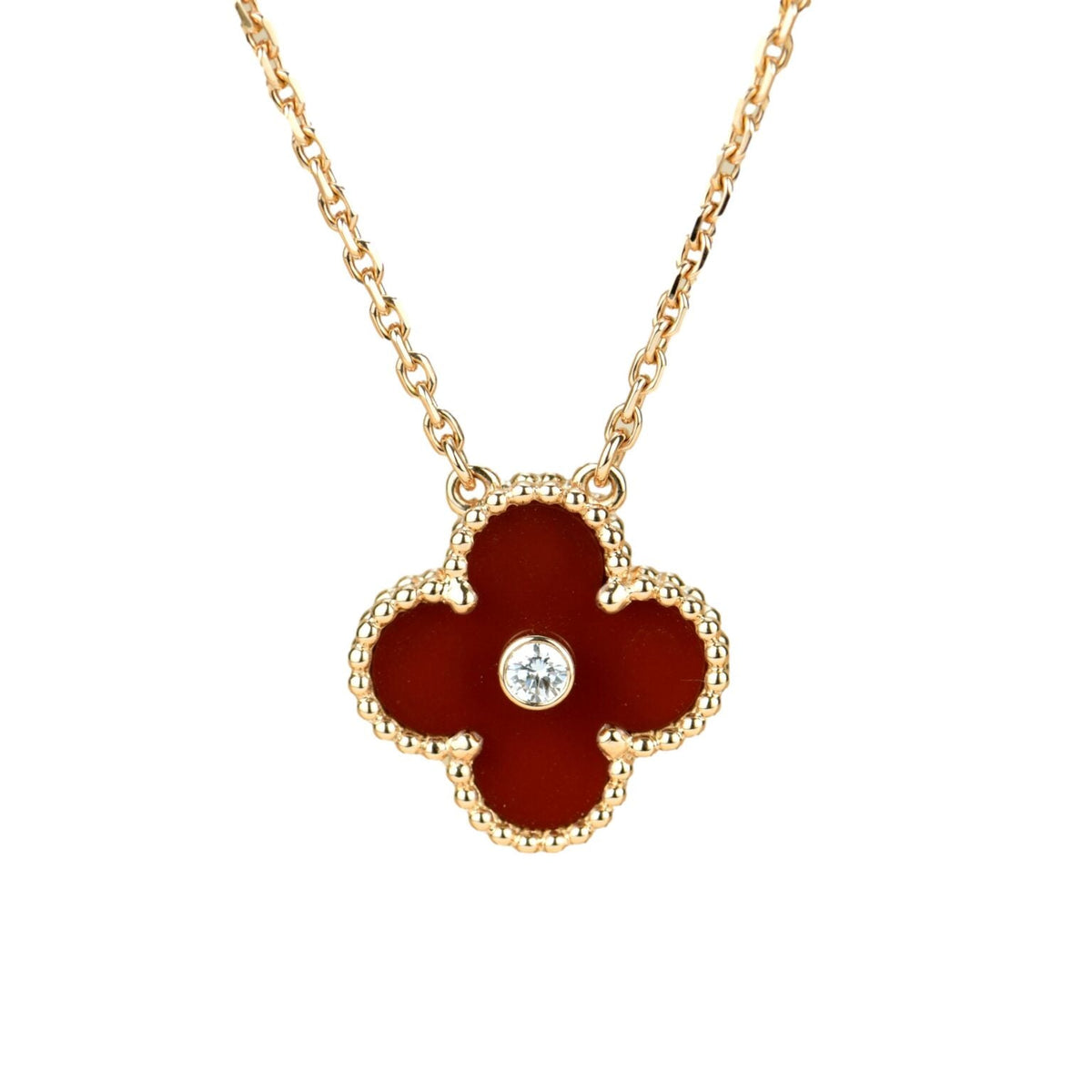 VCA CLOVER 15MM DIAMOND CARNELIAN NECKLACE
