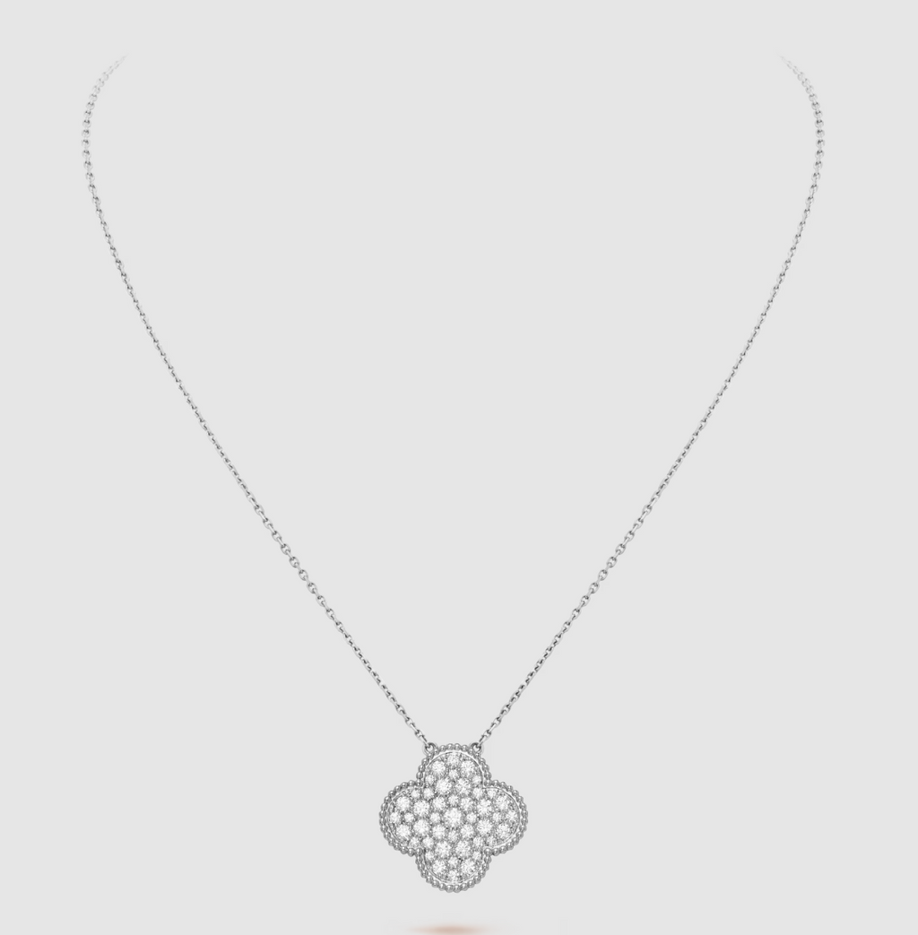 VCA CLOVER 25MM LARGE PENDANT DIAMOND PAVED SILVER NECKLACE